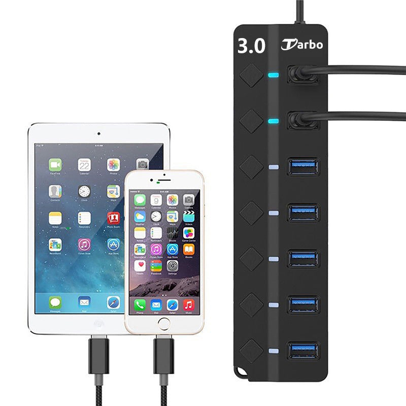 Tarbo 7-Port USB 3.0 Hub with Switches, 1m Cable