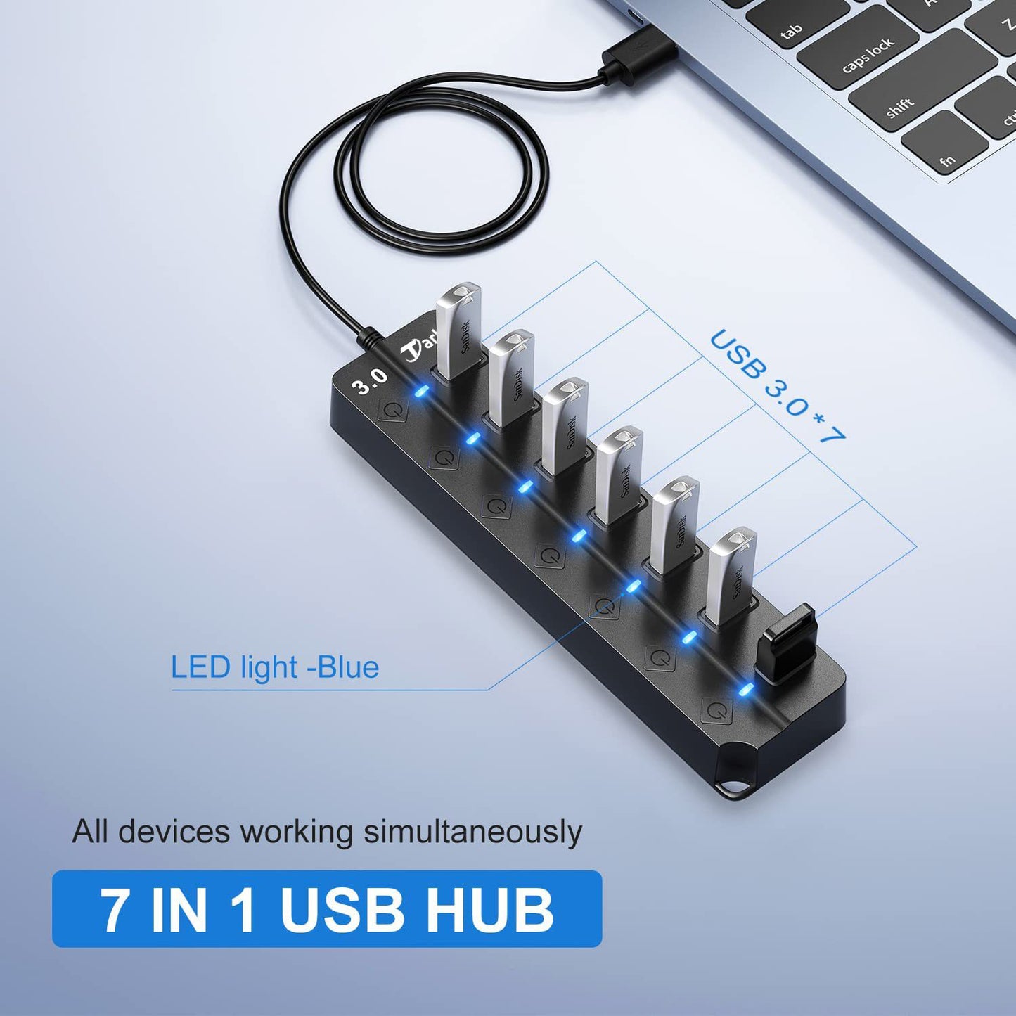 Tarbo 7-Port USB 3.0 Hub with Switches, 1m Cable