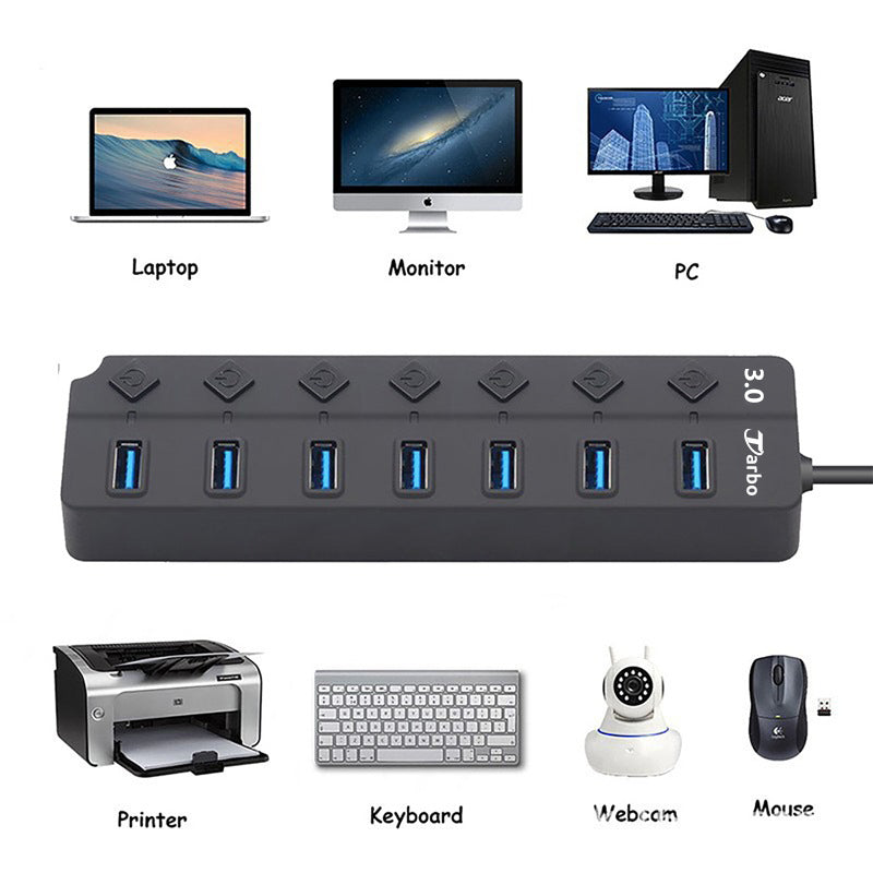 Tarbo 7-Port USB 3.0 Hub with Switches, 1m Cable